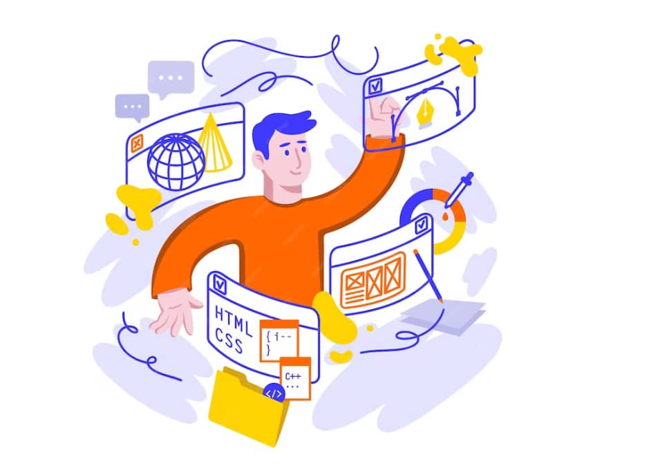 An illustration of a man surrounded by web design and coding symbols