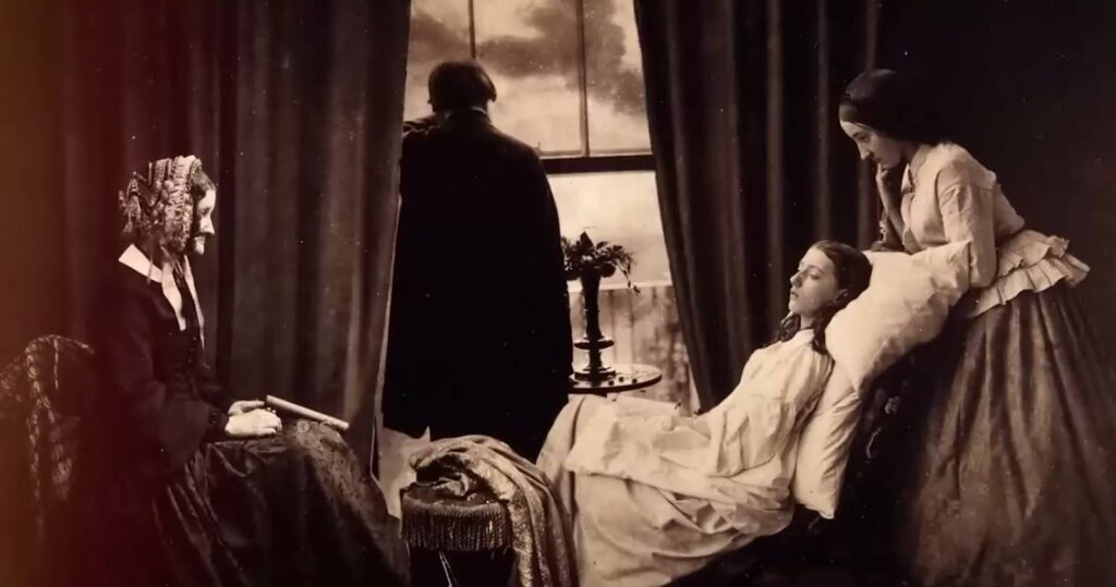 A sepia-toned vintage photo of a family gathered by a sickbed