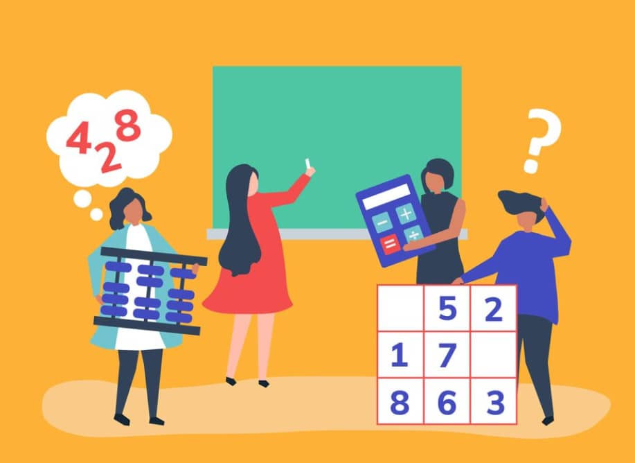Cartoon of people interacting with mathematical symbols and abacus